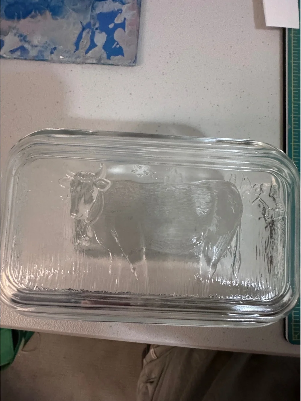 Vintage Clear Glass Butter Dish with Cow Motif